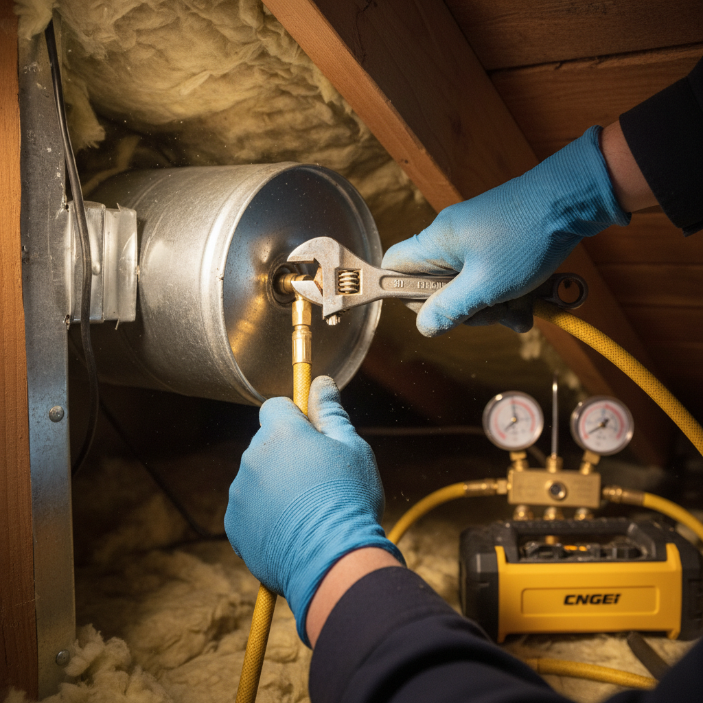 Testing duct integrity is essential before sizing a new heat pump or AC system. A contractor uses a pressure gauge on a metal duct in a residential attic to check for air leaks.