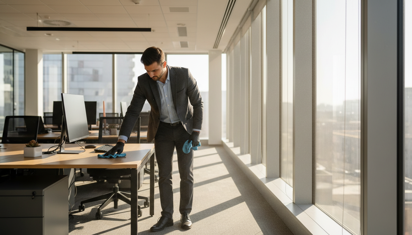 The density of furniture and high-touch surfaces significantly influences the labor hours required for a space. Maintenance worker in professional attire dusting a desk surface in a bright commercial office space.