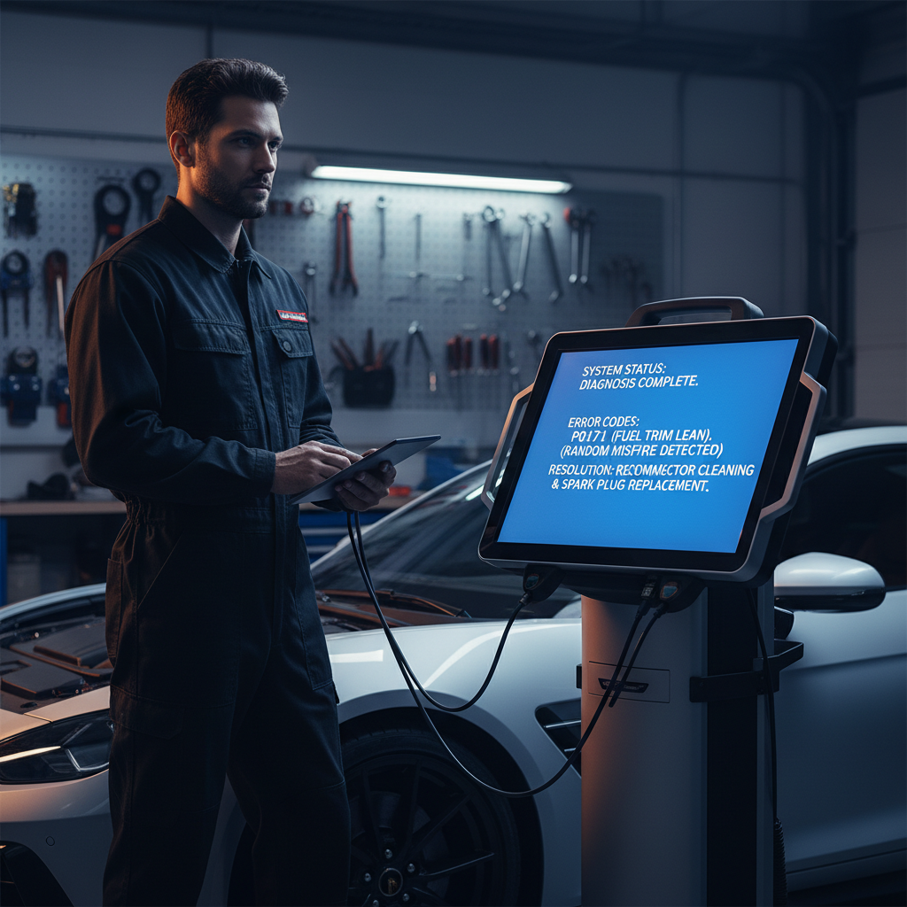 Professional-grade scanners provide critical data that basic consumer readers often miss. A professional technician standing by a high-tech diagnostic monitor displaying detailed vehicle system status and error codes.