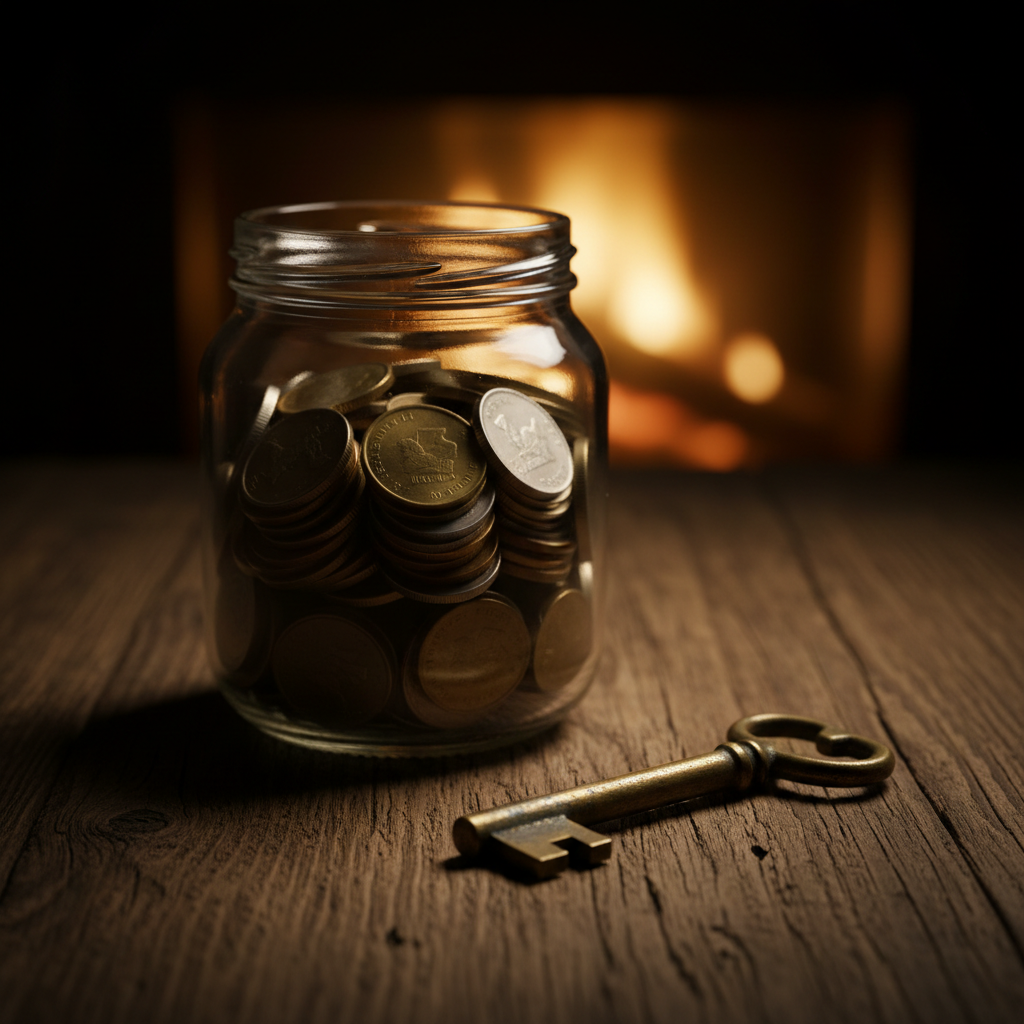 Evaluating the worth of a policy means looking at the gap between your savings and rising funeral costs. A glass jar filled with coins and a single house key on a dark wooden table, symbolizing savings and security.