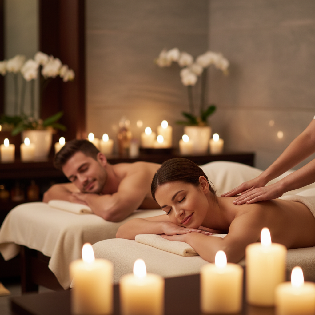 Prioritizing rest is essential to avoid the common symptoms of travel burnout. A man and a woman receiving a side by side couples massage in a peaceful spa setting.