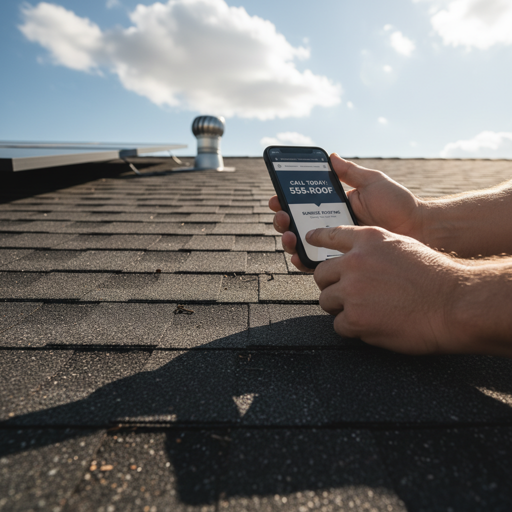 Prominent contact information reduces friction and encourages immediate phone calls. A roofer holding a smartphone on a roof showing a website with a prominent phone number.