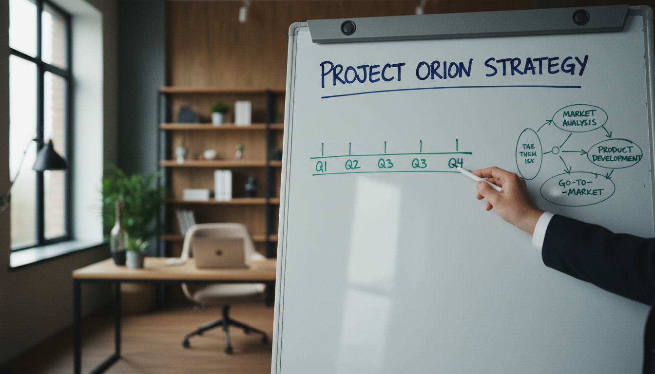 A growth architect designs the operational systems that allow a company to scale sustainably. A whiteboard in a modern office with strategic notes and diagrams for operational growth.