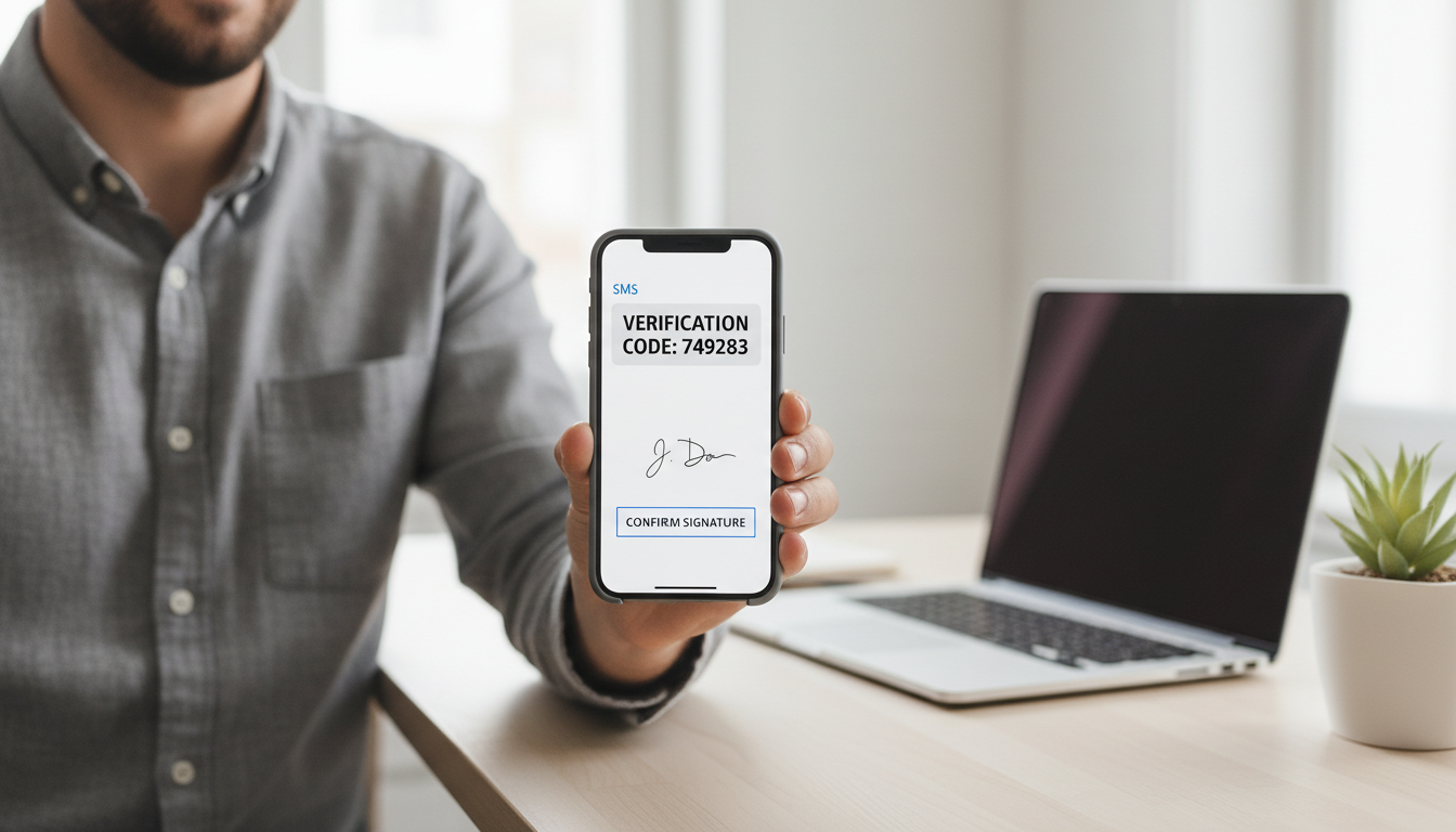 La Firma por SMS permite cerrar la compraventa desde cualquier punto de España sin desplazarse. Persona sosteniendo smartphone con notificación SMS y pantalla de firma digital para transferencia de coche