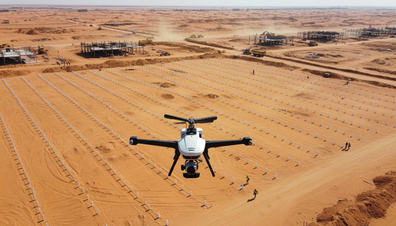 المواقع الواسعة والمتغيرة يوميًا تستفيد أكثر من RTK. درون مساحي يطير فوق موقع إنشاء صحراوي مع شبكة علامات أرضية للمسح