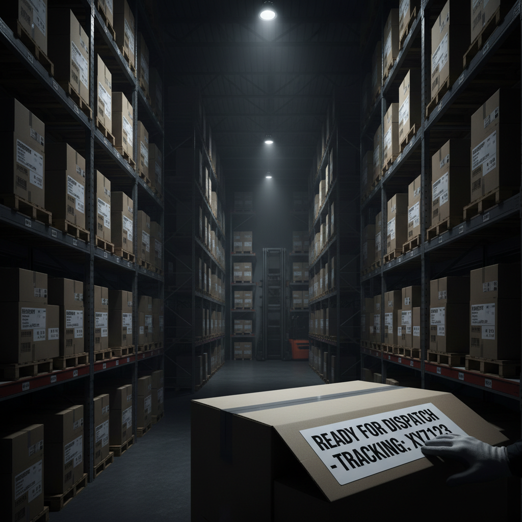 Proper label application ensures durability throughout the logistics chain from Tartu to the final consumer. Logistics warehouse with neatly stacked boxes and a worker applying a shipping label in a modern industrial setting.