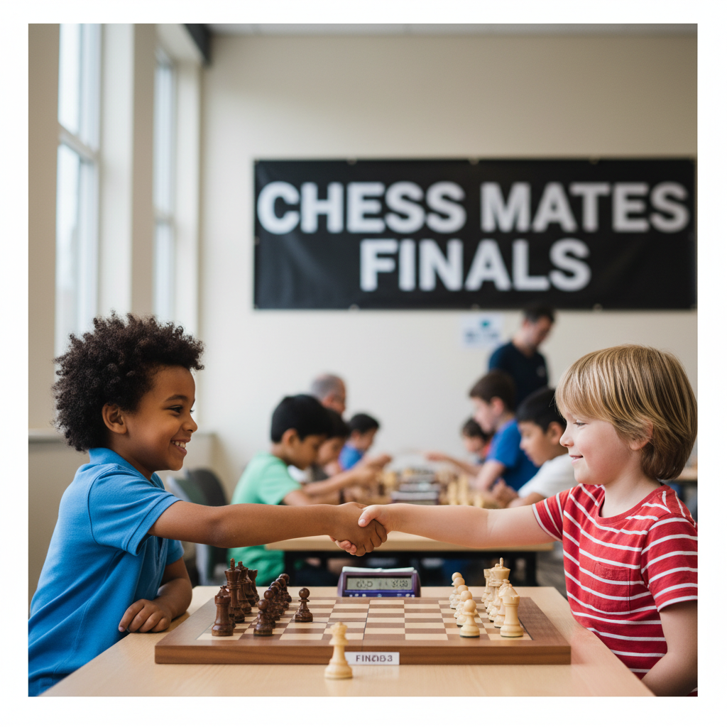 Sportsmanship and social skills are at the heart of our junior chess community. Two young opponents shaking hands across a chess board after a match in Kingston.