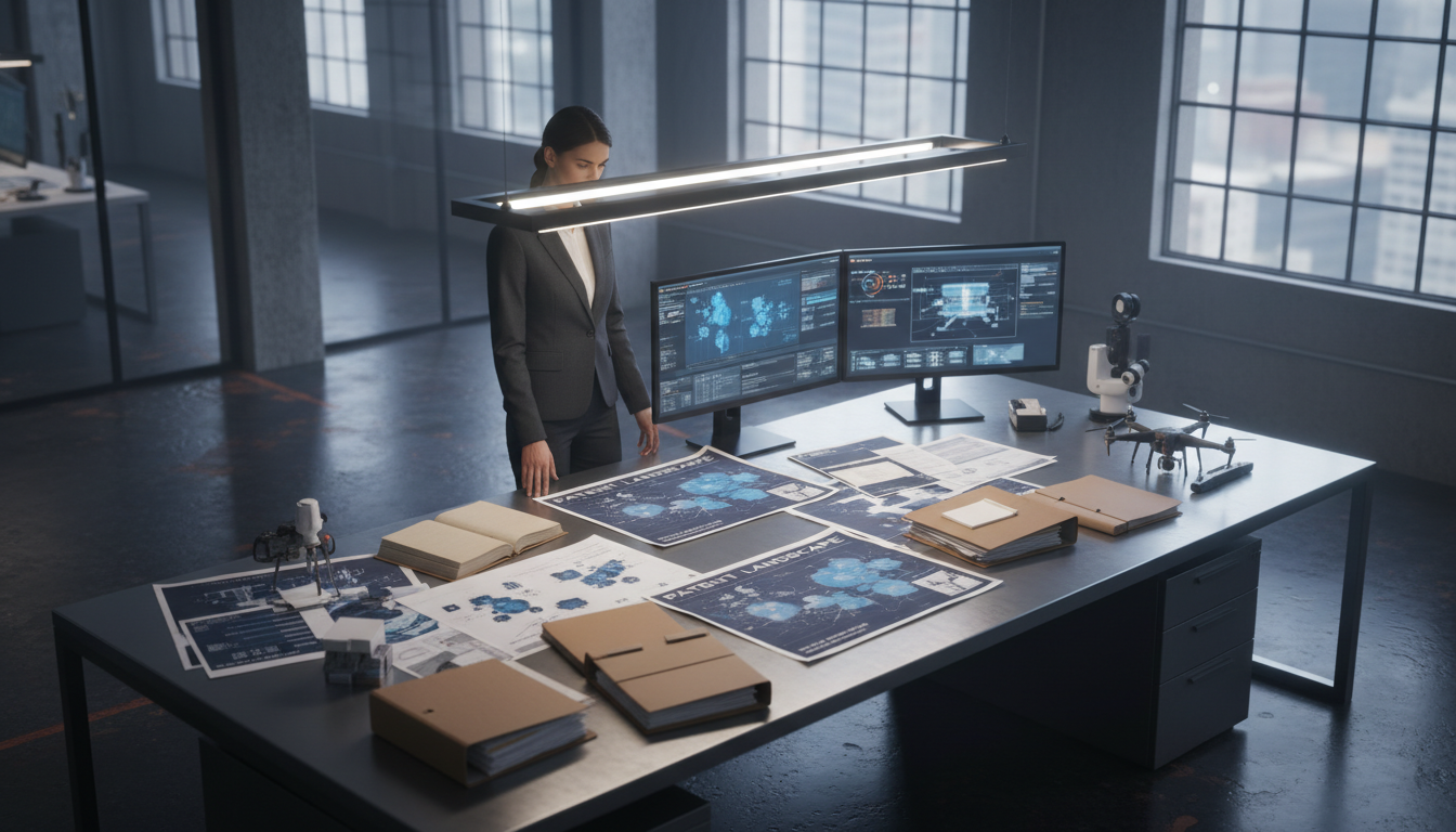 L'analisi del panorama brevettuale è il primo passo per costruire un recinto difensivo efficace. Consulente brevettuale che analizza prodotti competitivi e mappe tecnologiche su una grande scrivania.