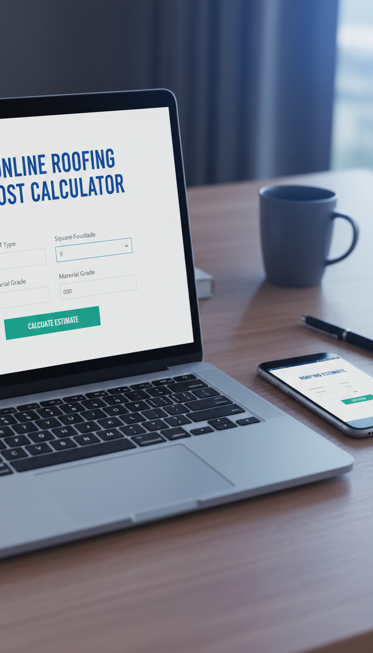 Research tools can reduce guesswork before you commit to either project. Online roofing cost calculator displayed on laptop next to a smartphone