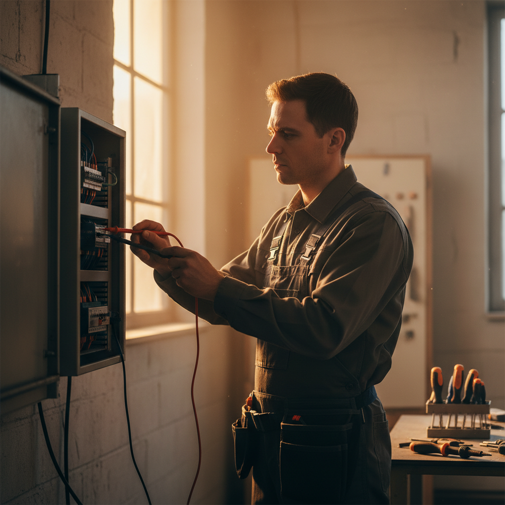 Modern 2026 home trends require integrated technical expertise across electrical and mechanical systems. A technician testing electrical connections during a smart-home system installation.