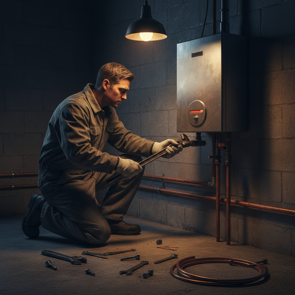 Regular maintenance prevents sediment from hardening at the bottom of your tank, which leads to efficiency loss. A plumber kneeling beside a water heater tank using a wrench to adjust connections during a service call.