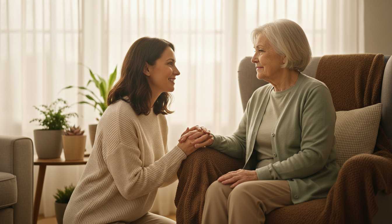 Building trust through connection helps overcome initial hesitation about home care. Caregiver gently holding the hand of an elderly woman seated in an armchair, showing emotional support.