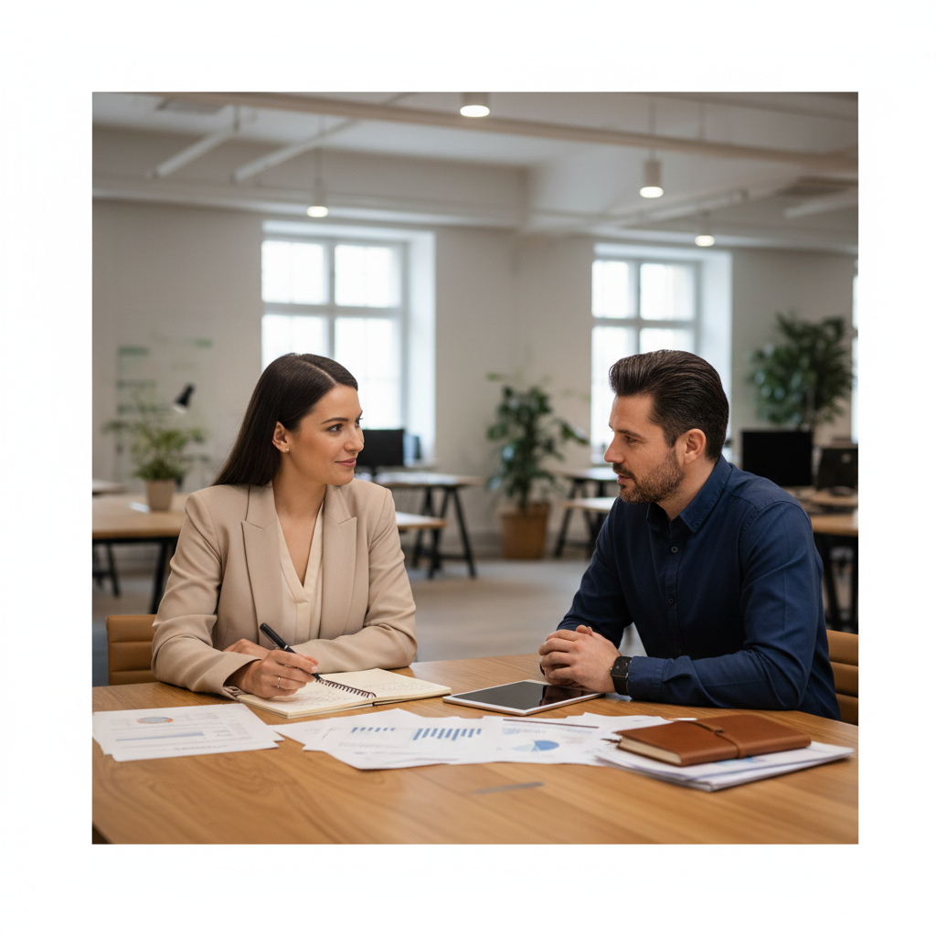 A thorough discovery process is the foundation of any successful ERP selection. A consultant and business owner engaged in a discovery meeting at a conference table with notebooks.