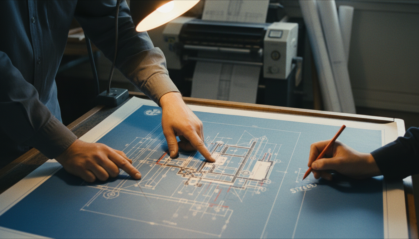 Precision starts with the first CAD pass, ensuring every dimension supports efficient mass production. Overhead view of an industrial engineer's hands reviewing a detailed blue and white CAD blueprint on a drafting table.