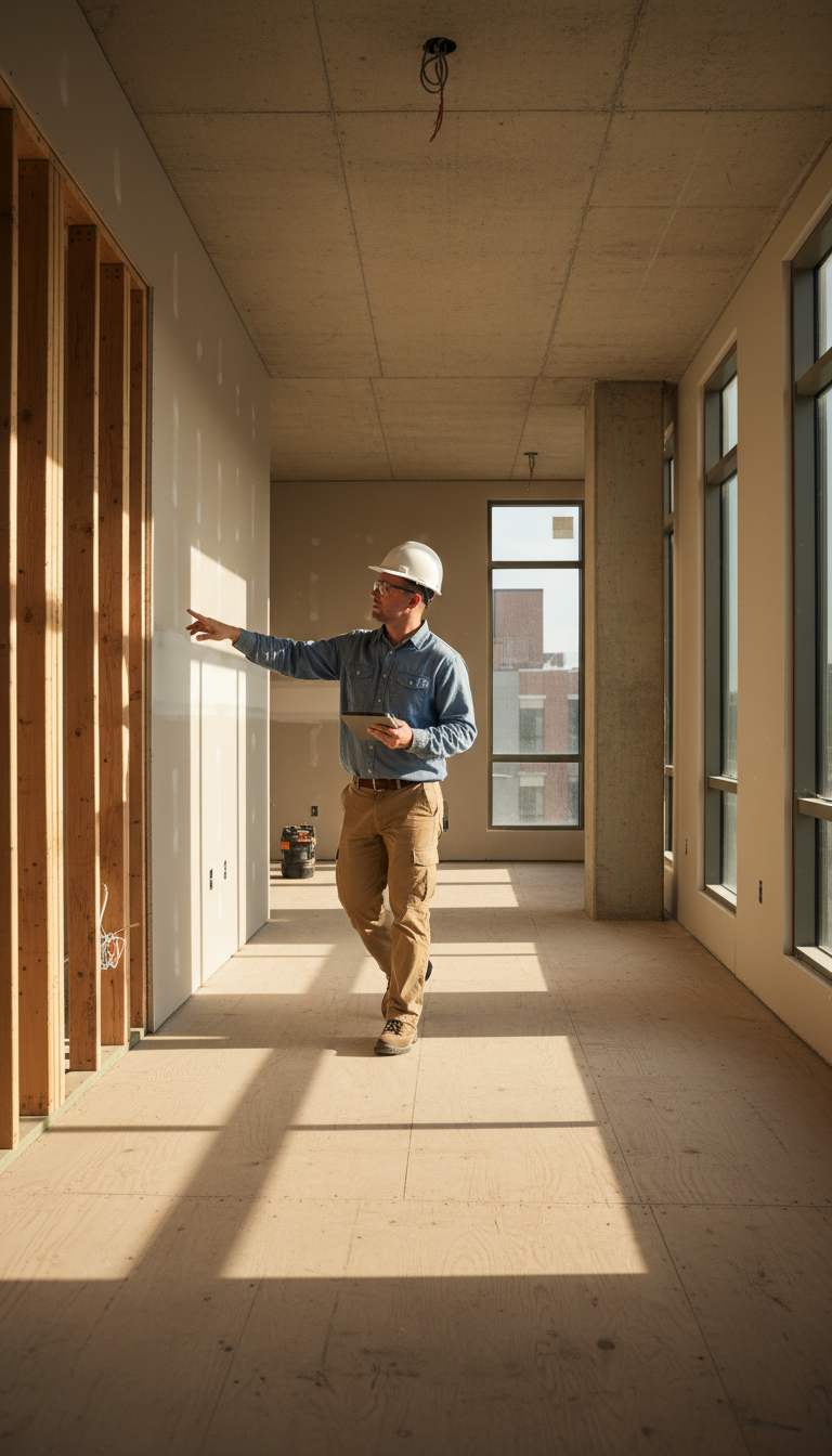 Structural changes like moving walls require professional oversight and city approval. A construction manager reviewing a wall with exposed studs and taking notes on a tablet during a permit-required renovation.