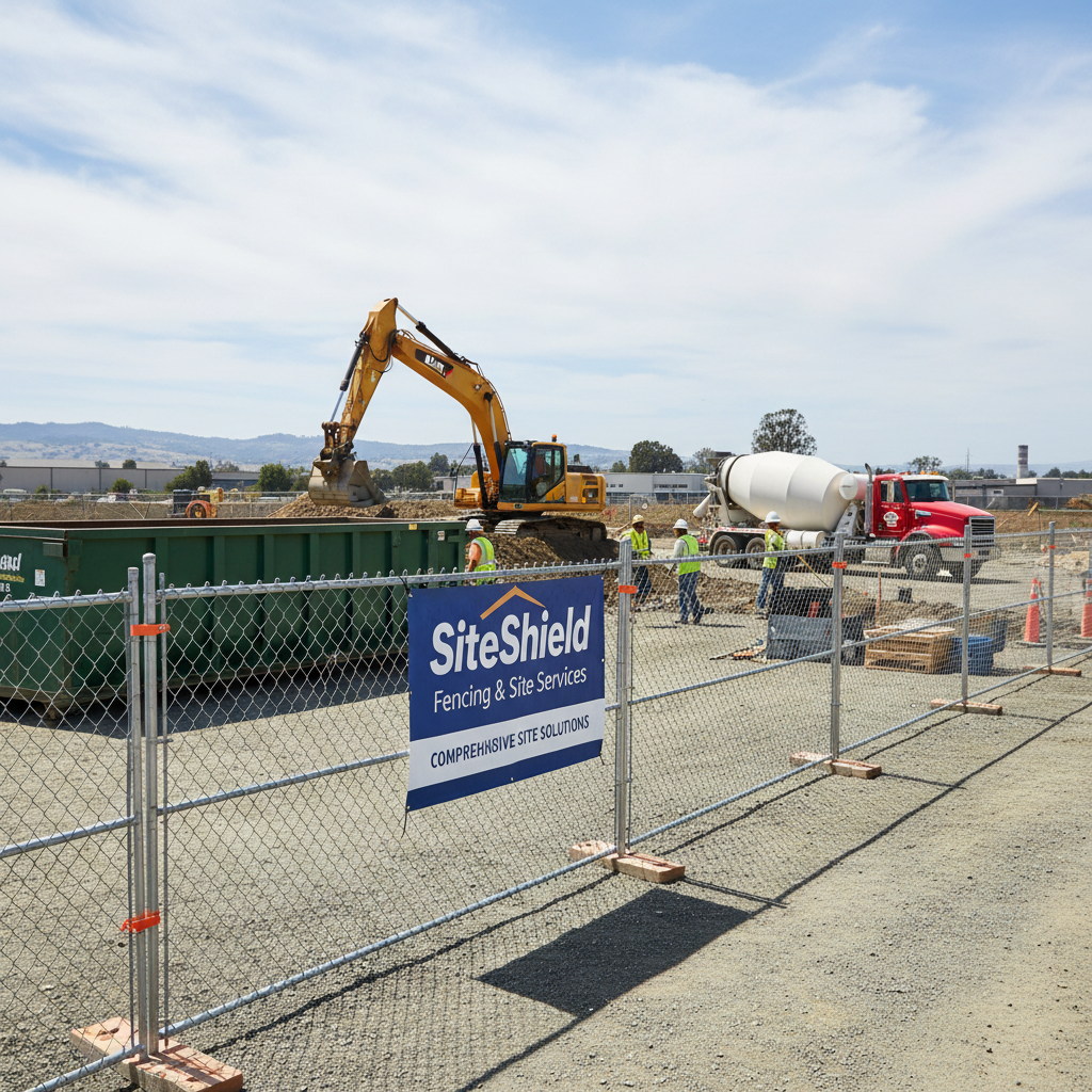 A well managed job site integrates dumpster placement with temporary fencing to ensure safety and efficiency. A construction site equipped with a dumpster, orange temporary fencing, and earthmoving machinery.