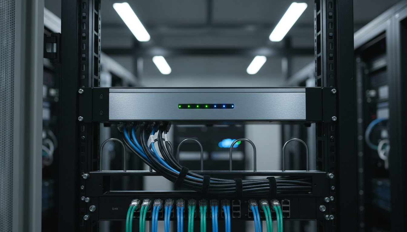 Professional commercial installation includes organized cabling that makes future maintenance simple and efficient. Close-up of neatly organized Ethernet cables and network video recorder inside a professional rack mount cabinet.