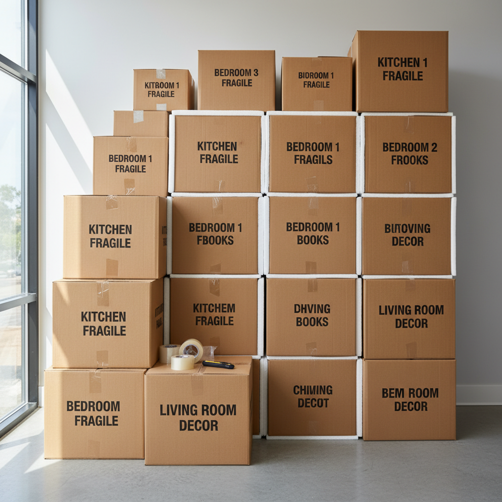 Household items and seasonal gear are ideal candidates for self-storage units. Stacked moving boxes neatly organized with clear labeling and protective padding in a clean storage space.