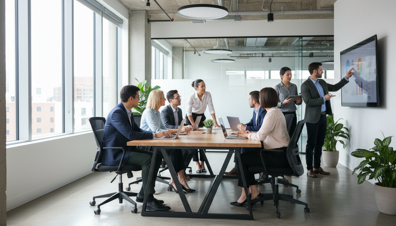 AI answering tools give small teams the coverage of a full receptionist staff. Professional business team collaborating in a modern office with laptops and natural lighting