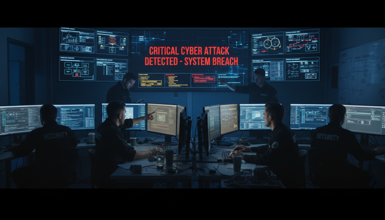 A documented incident response plan keeps your team coordinated under pressure. Security team responding to a cyber incident in an operations center with active alerts on screens