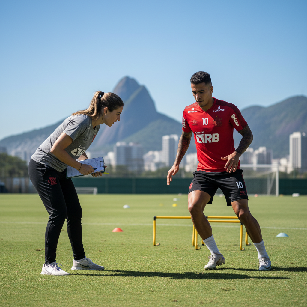 Movement screening on the field gives physiotherapists real data on how a player's body handles sport-specific demands. Physiotherapist observing a football player's movement patterns during a gait assessment on a training field in Rio de Janeiro