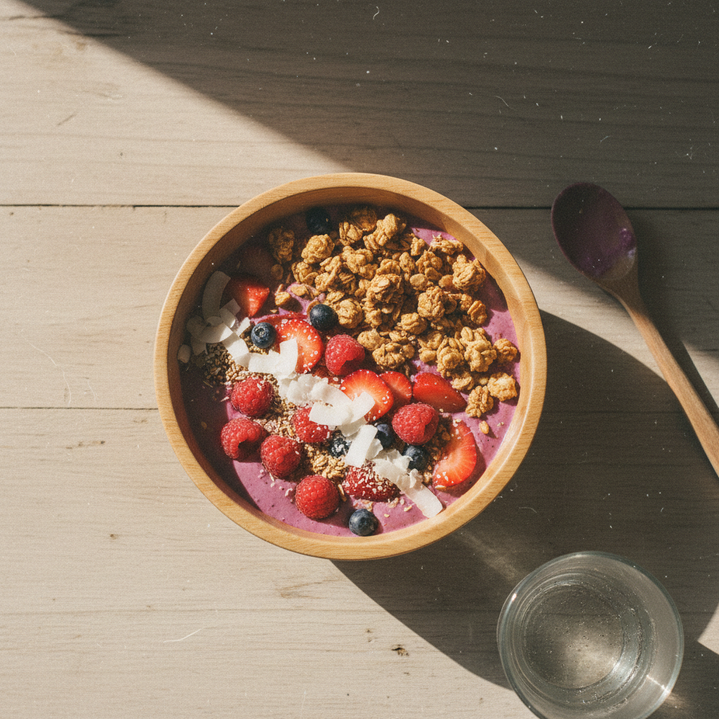 Whole-food proteins like nuts and seeds are easy to incorporate into daily meals like breakfast bowls. A nutritious smoothie bowl topped with granola and berries, representing a protein-rich breakfast option.