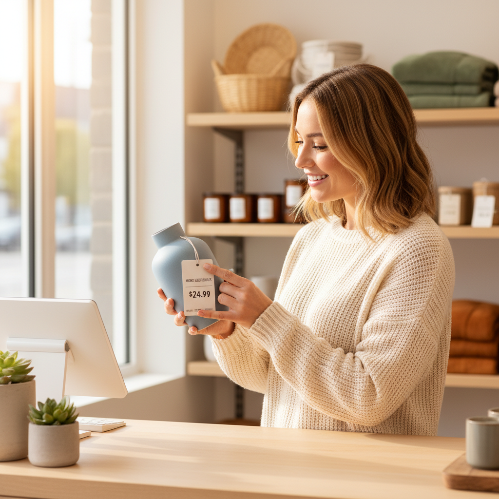 The friendly and personal experience of shopping for essentials at a local community marketplace. A customer smiling at a checkout counter in a bright, welcoming retail environment in Spanish Fork.