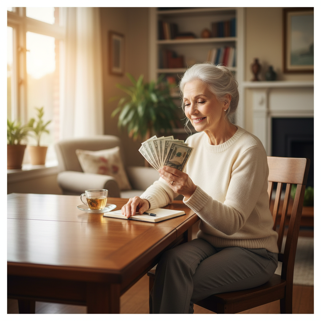 Unlike the payment plan, programs like PACE and Extra Help put money back in your pocket. A senior woman holding cash, representing actual savings from programs like PACE or Extra Help.