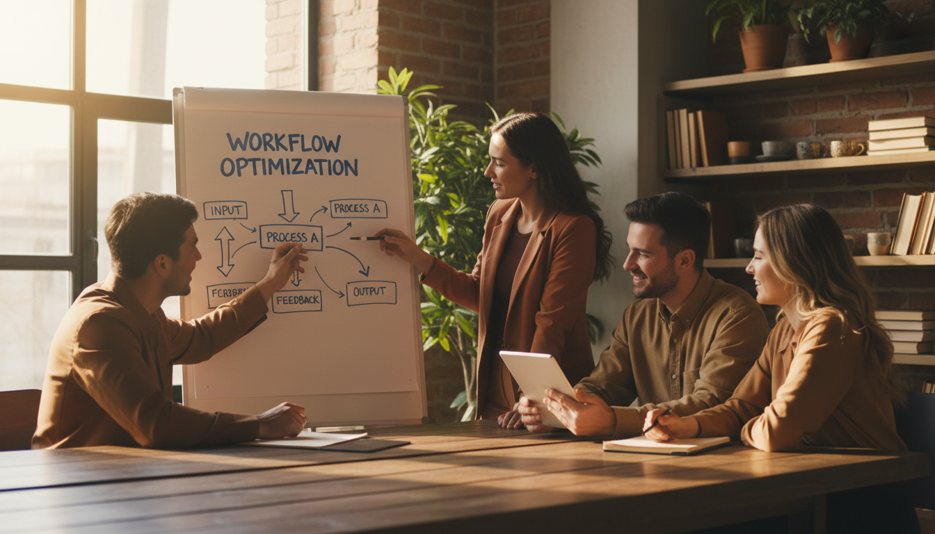 Collaboration is the first step in aligning data strategy with business goals. A collaborative business team discussing a strategic data roadmap and workflow diagrams.