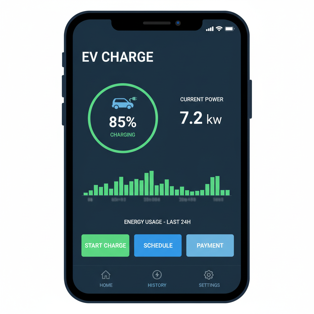 Smart app controls provide managers with full visibility over their fleet's energy consumption. Smartphone app displaying a real time dashboard of EV charging controls and energy usage