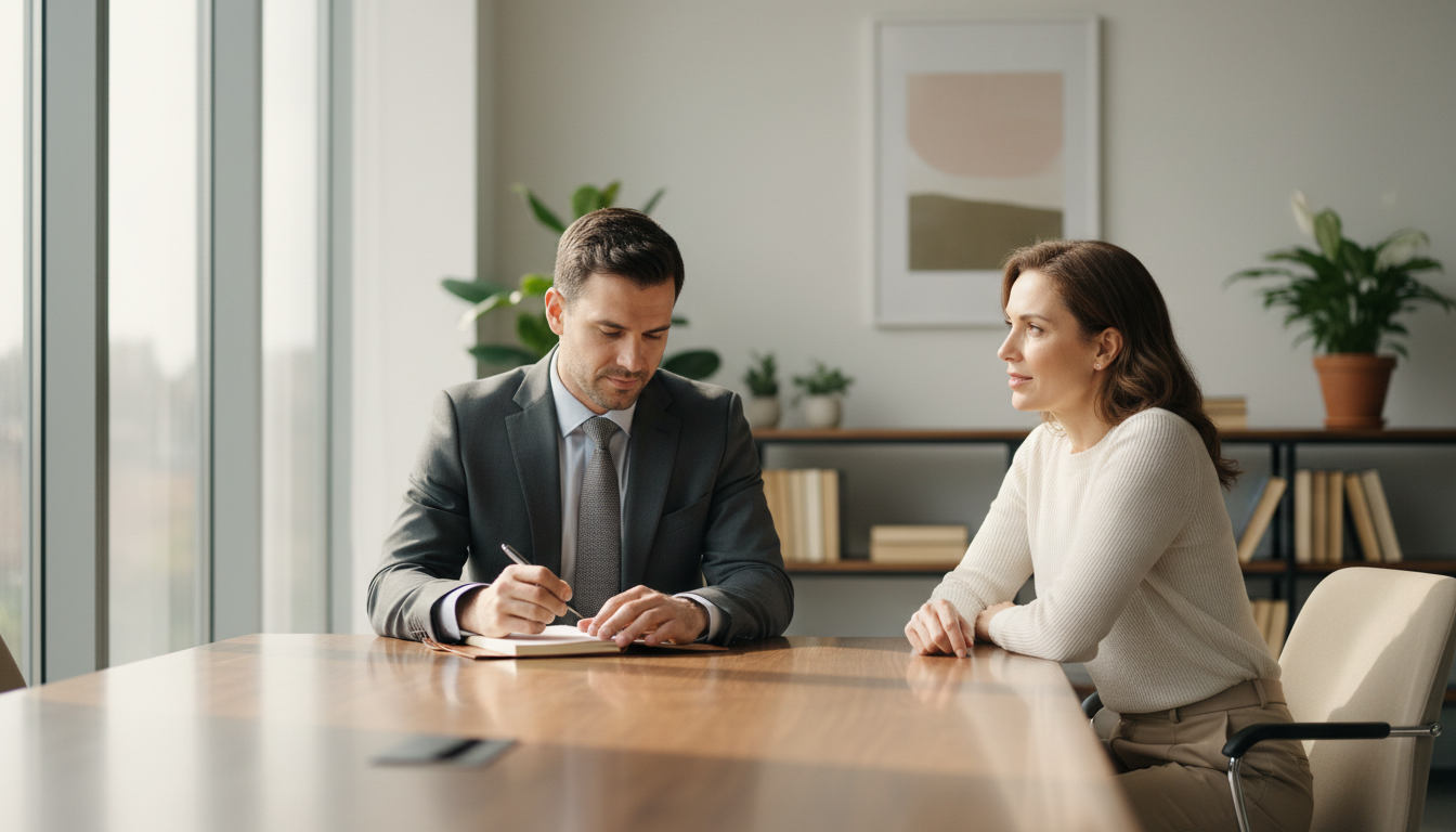 Mediation is often the first step in resolving custody disputes in Los Angeles and Orange Counties. A calm legal consultation in a modern office where an attorney is listening to a client.