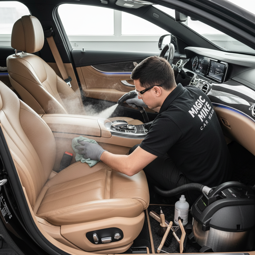 Interior detailing goes far beyond a vacuum, targeting every surface with precision tools. Technician using steam cleaning equipment to perform a deep interior clean on a car