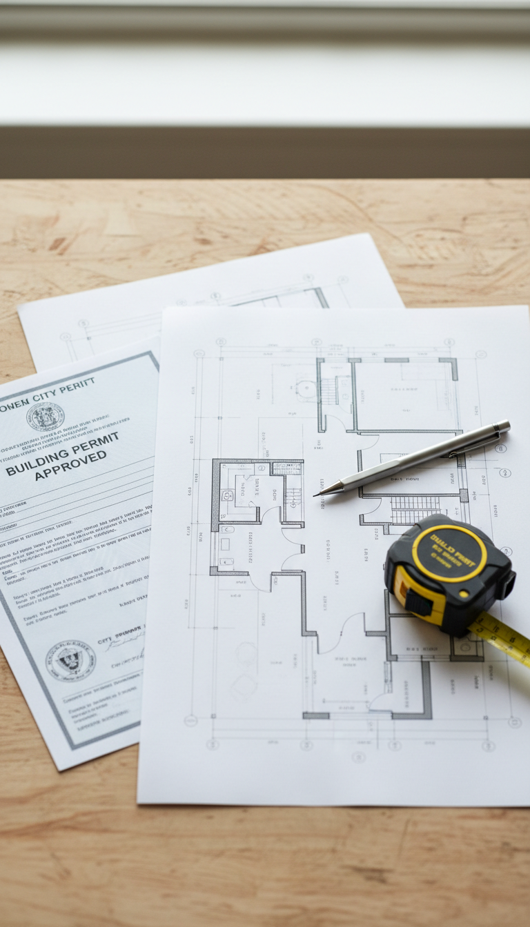 Precise measurements are the difference between a functional kitchen and a cramped workspace. Architectural residential building plans and a tape measure on a table, highlighting the precision needed for kitchen layout planning.