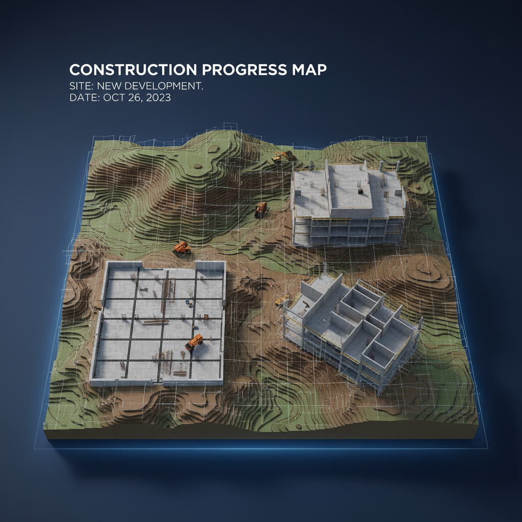 Processed drone data becomes a 3D site model ready for direct BIM and GIS integration. 3D drone mapping model of a construction site showing terrain elevation data and building progress layers