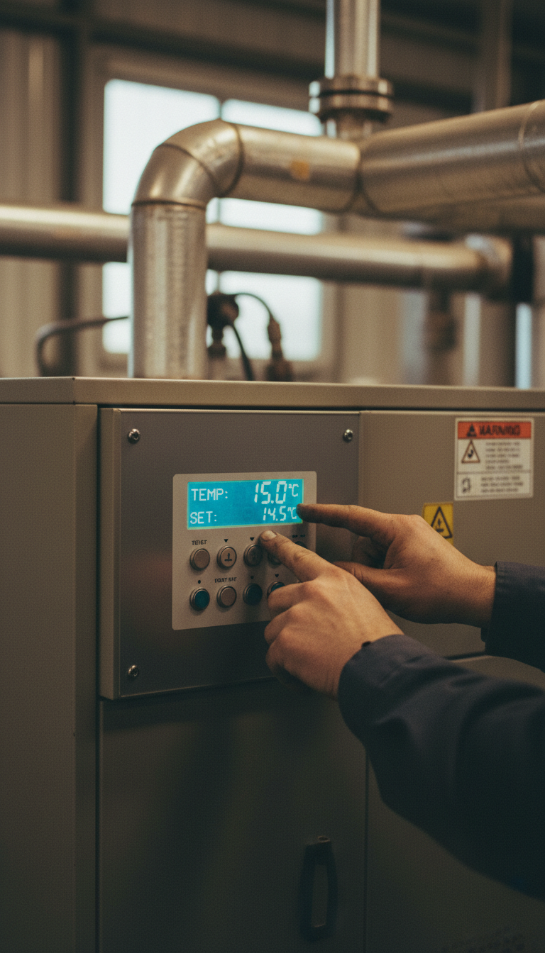 El control preciso de la temperatura es vital para mantener a las abejas en un estado de dormancia saludable. Manos de un ingeniero ajustando un controlador de temperatura digital en una unidad de frío industrial.