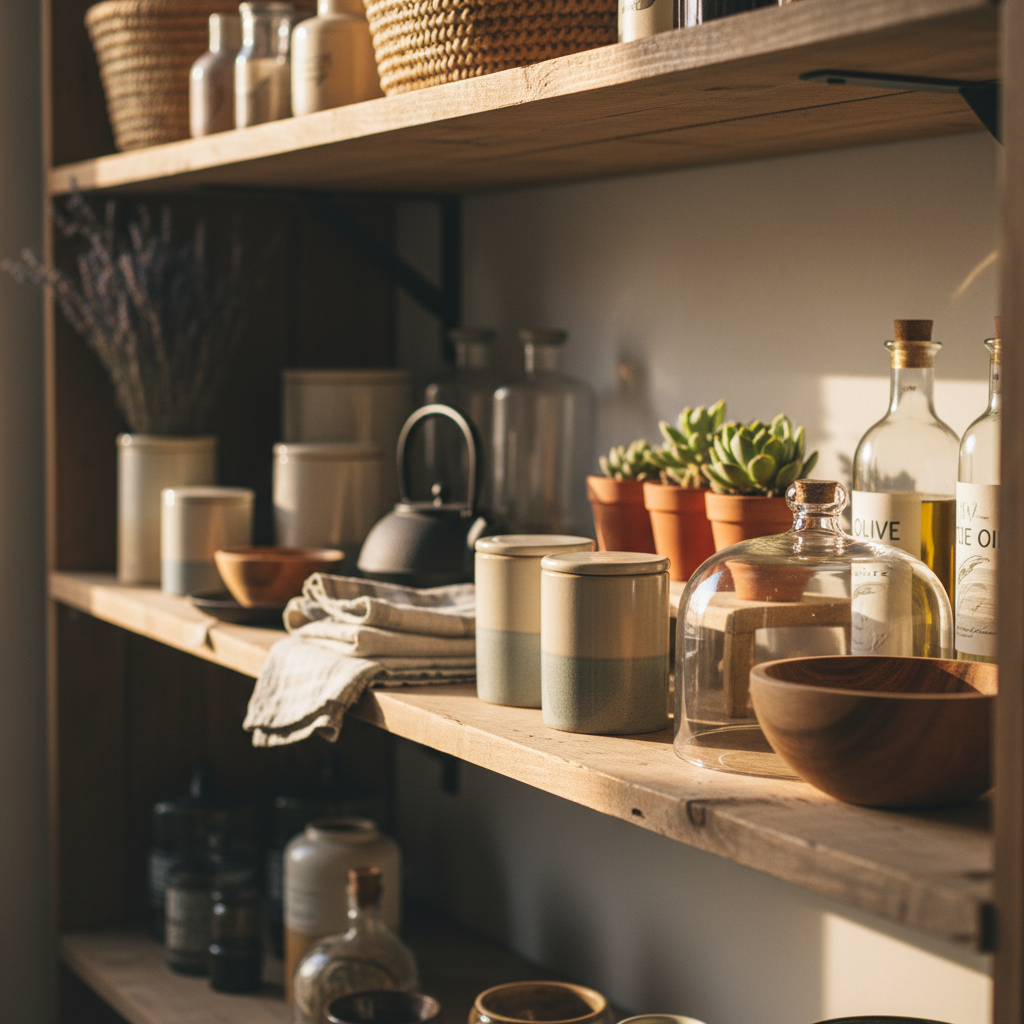A curated selection means finding exactly what you need without the unnecessary complexity of mega-stores. A warm close-up of thoughtfully curated retail shelving displaying a mix of household goods and unique finds.