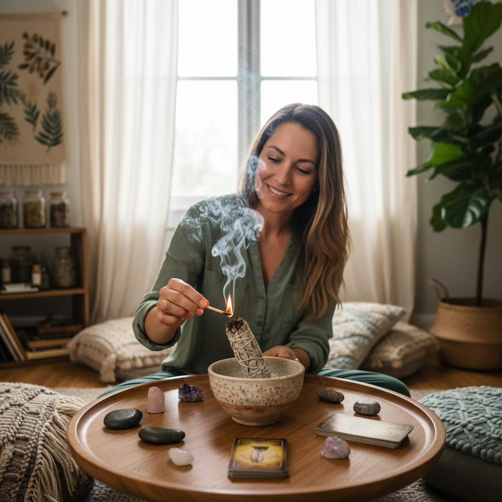 La preparación del espacio es vital para una liberación energética segura y profunda. Terapeuta encendiendo incienso en un cuenco cerámico durante un ritual de limpieza energética.