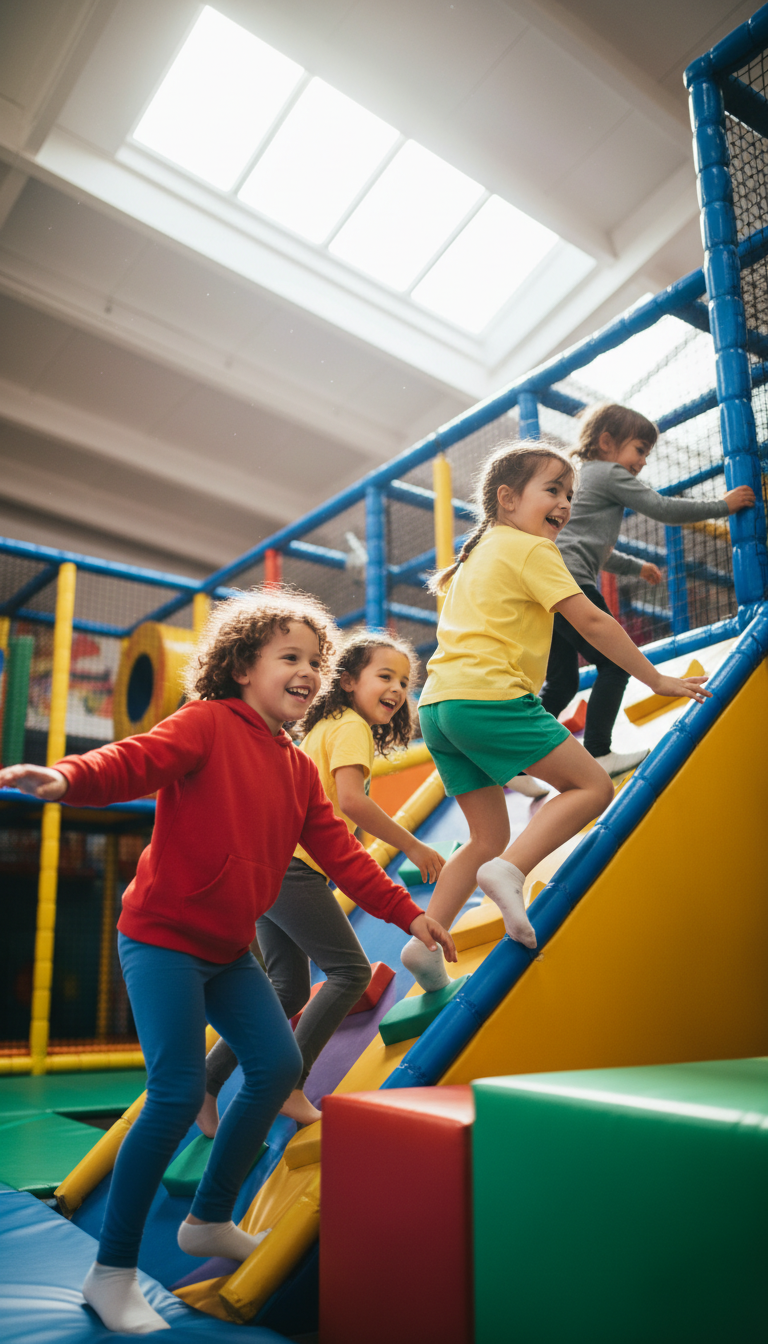 Active play helps kids transition from a day of sitting to a night of rest. A group of diverse children laughing and climbing a padded play structure inside an indoor playground.