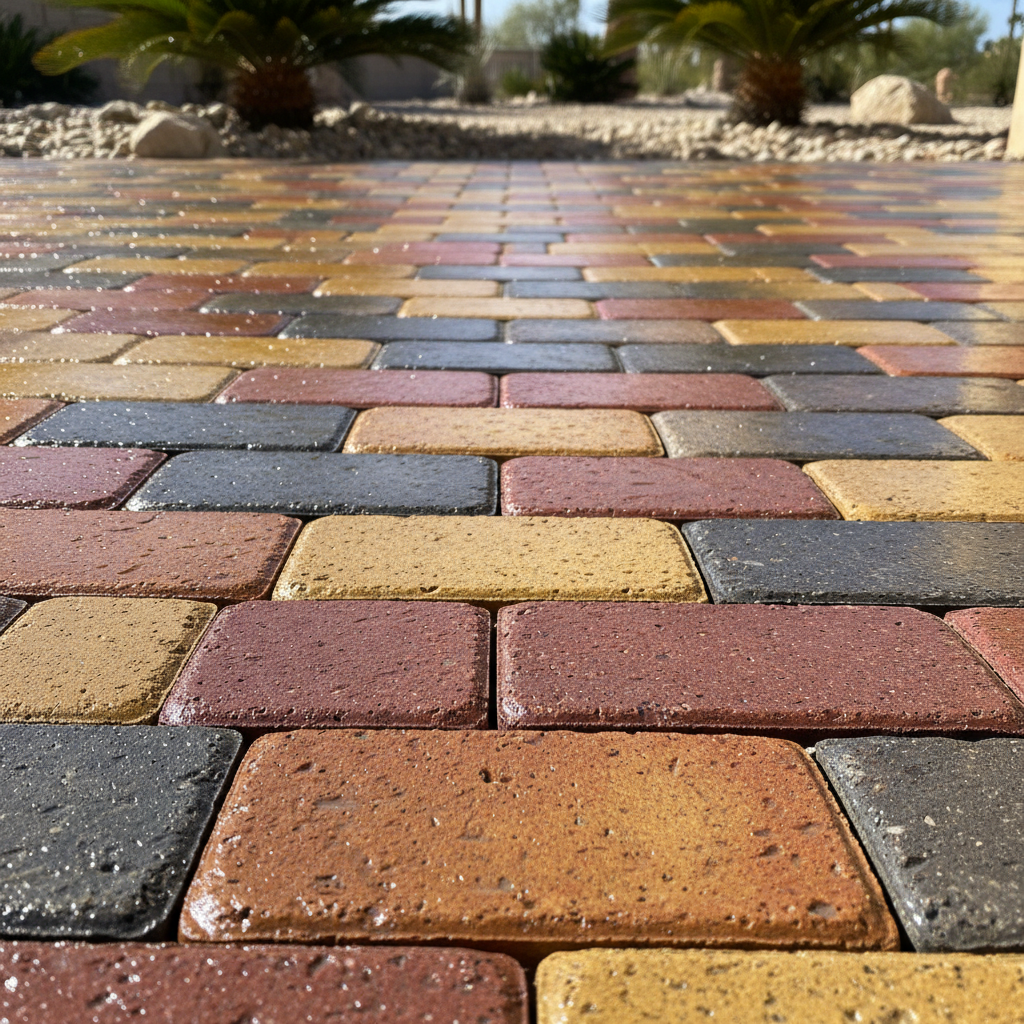 Custom fire pit areas using sealed interlocking pavers offer both durability and style. Close up of vivid interlocking pavers used for a fire pit gathering area.