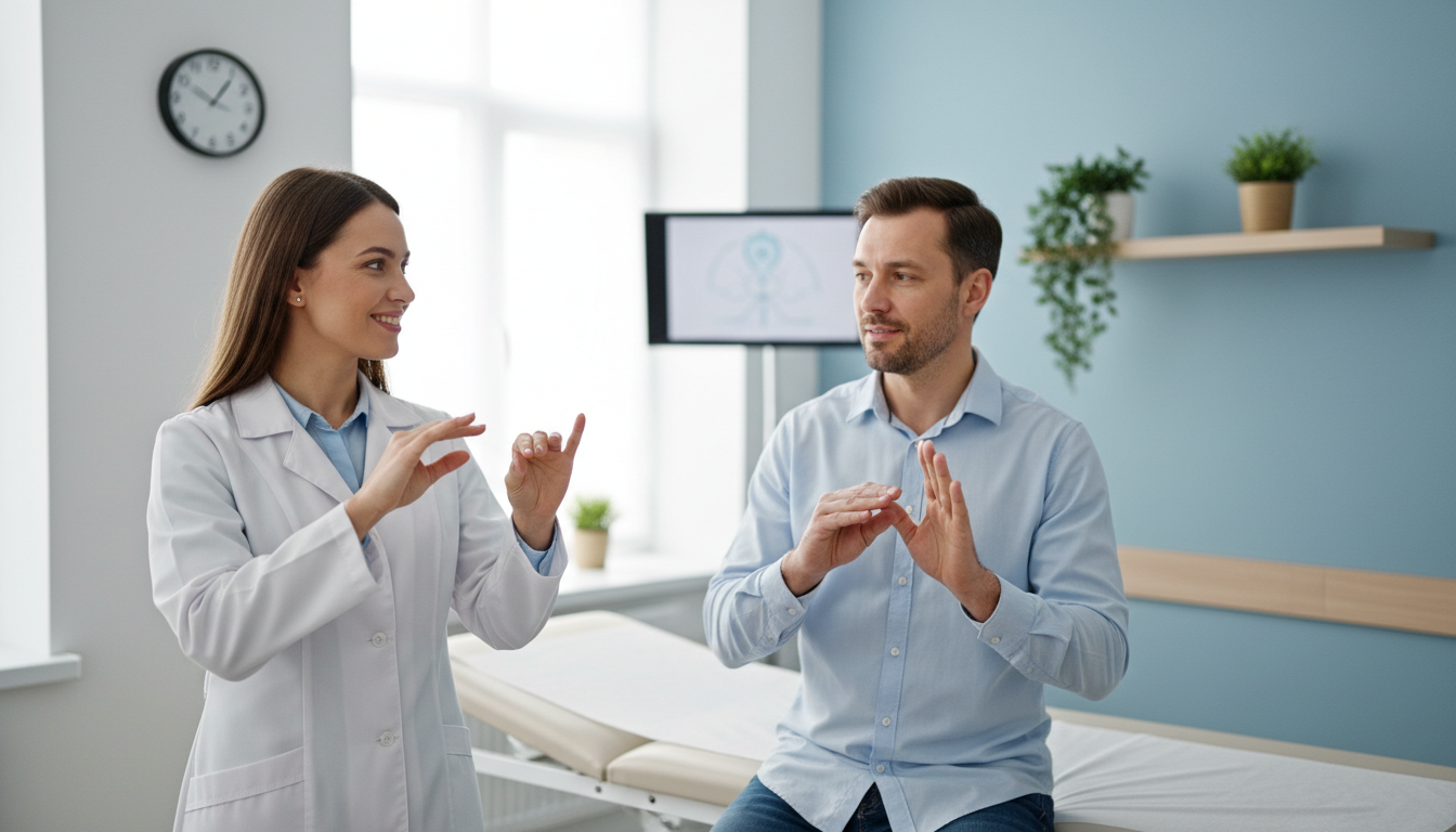 Professionals use ASL to ensure safety and inclusion in critical environments. A healthcare provider in a white coat using American Sign Language to communicate with a patient in a clinic.