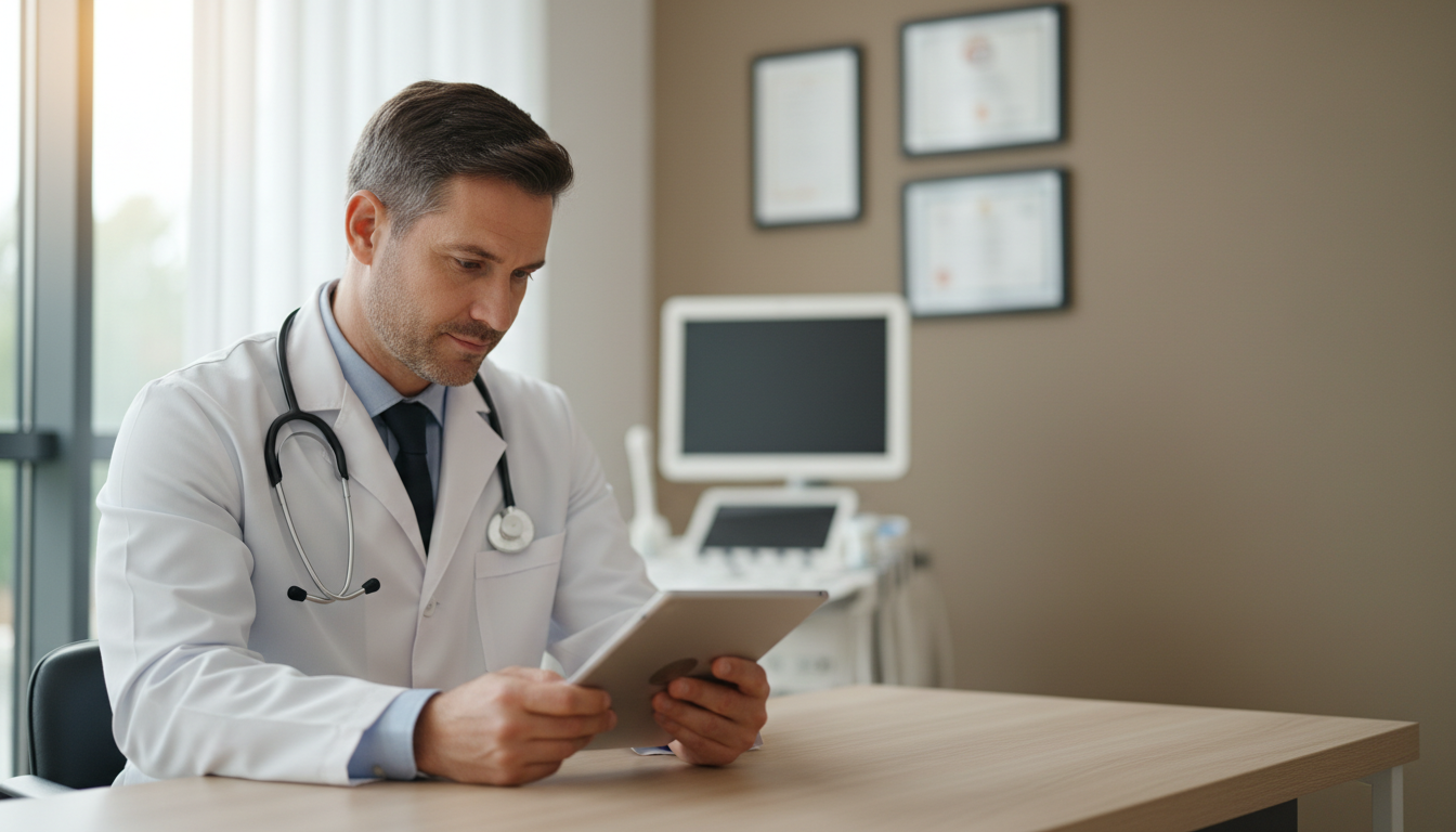 A consulta regular permite identificar riscos e prevenir eventos agudos com base em evidências clínicas. Médico cardiologista em consulta analisando registros médicos em tablet de forma atenciosa