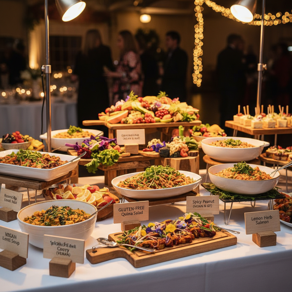 Clear labeling for dietary requirements is essential for a professional buffet service. Buffet dishes clearly labeled with dietary information including vegan and gluten-free options.