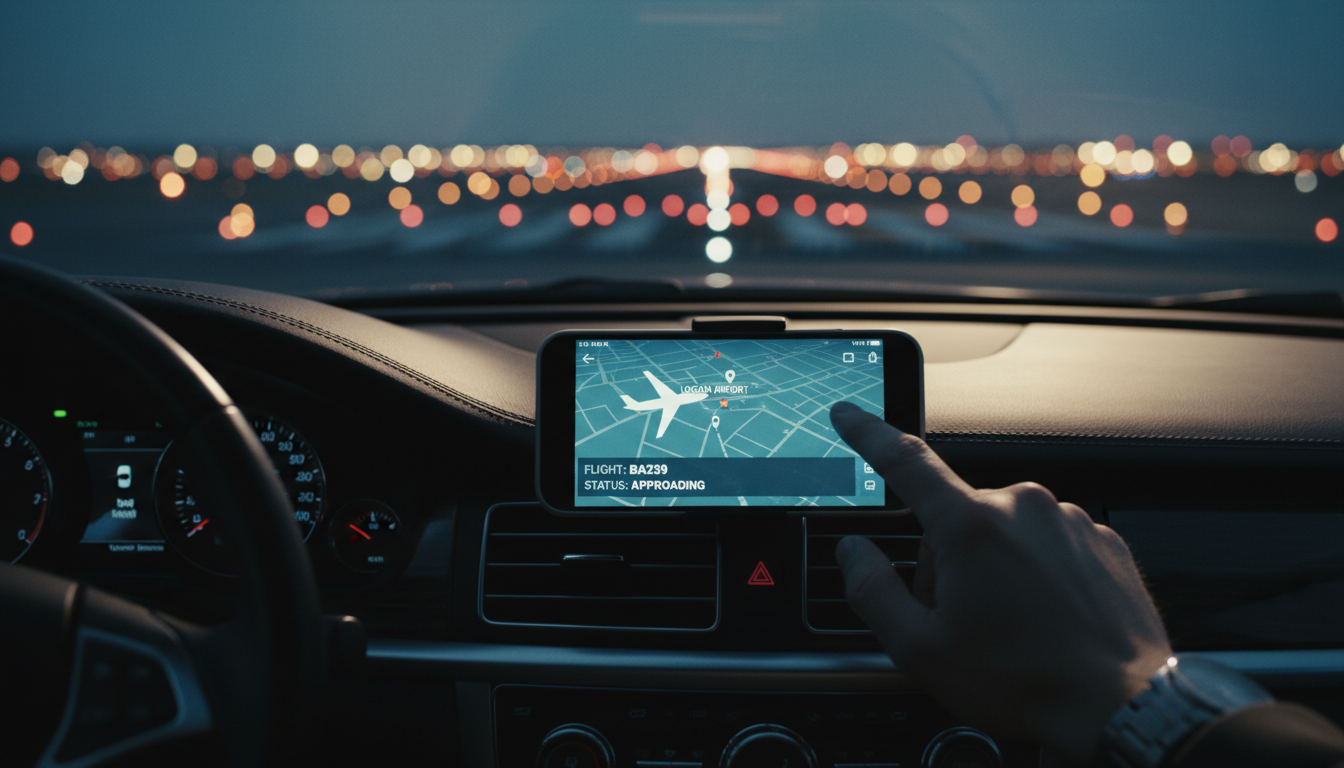 We track your flight in real-time to ensure your chauffeur is there exactly when you land. Smartphone on a luxury car dashboard displaying a real-time flight tracking app with an airplane icon.