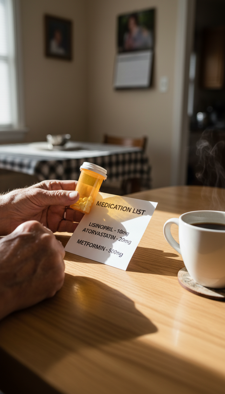 Reviewing your medication list is the first step when your Part D plan changes. A close-up of a senior's hands holding a prescription bottle and a list of medications on a wooden table.
