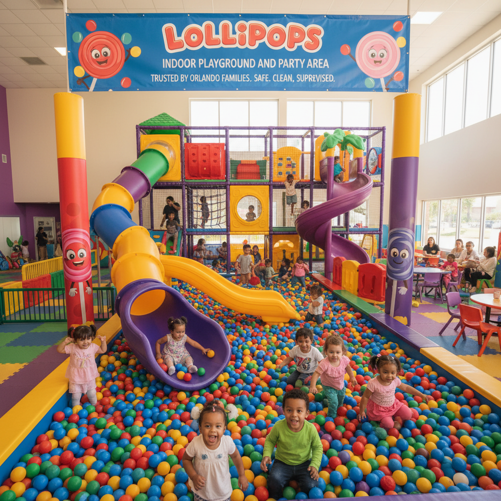 Vertical challenges and agility play are essential for keeping 5 to 10 year olds engaged. Active kids navigating colorful slides and climbing structures at an indoor playground in Orlando.