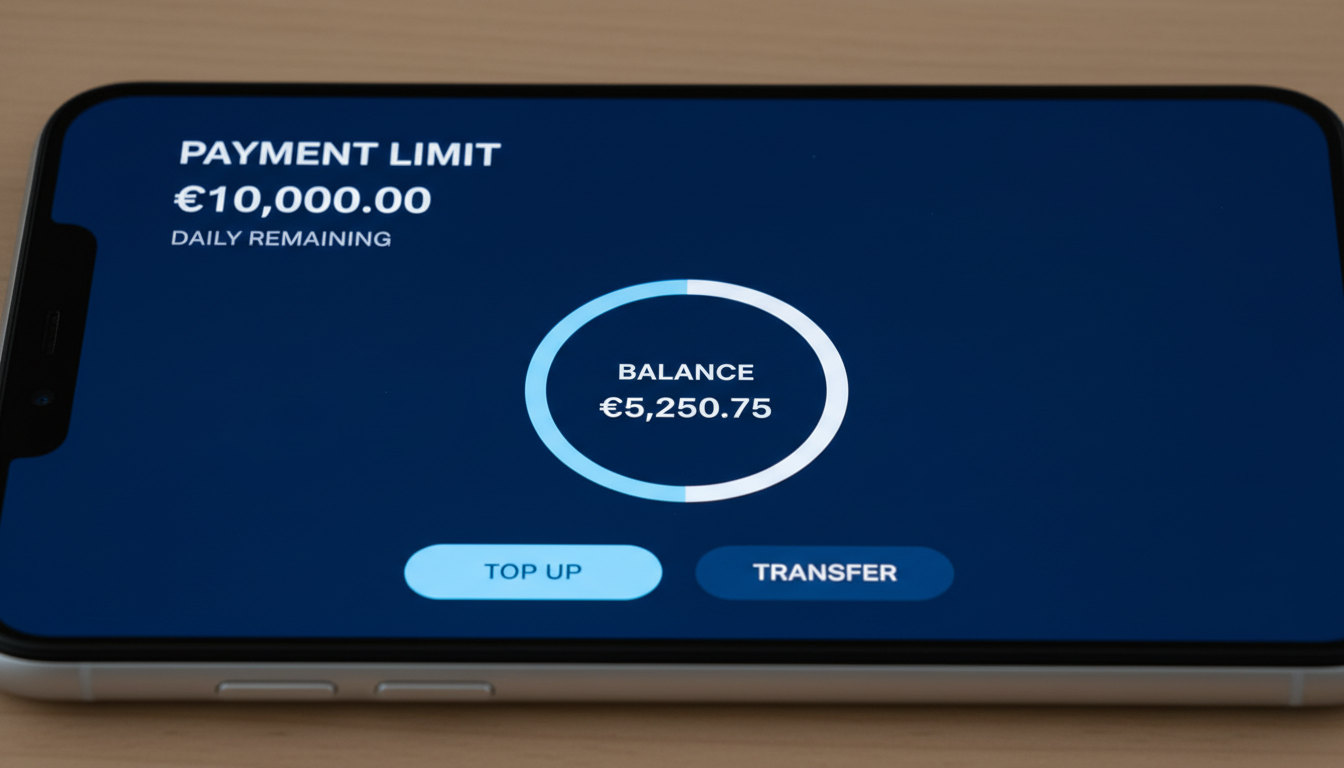 Unverified accounts often face strict rolling 30-day limits that can disrupt business cash flow. A smartphone screen displaying low transaction limits and balance information, illustrating the limitations of unverified accounts.