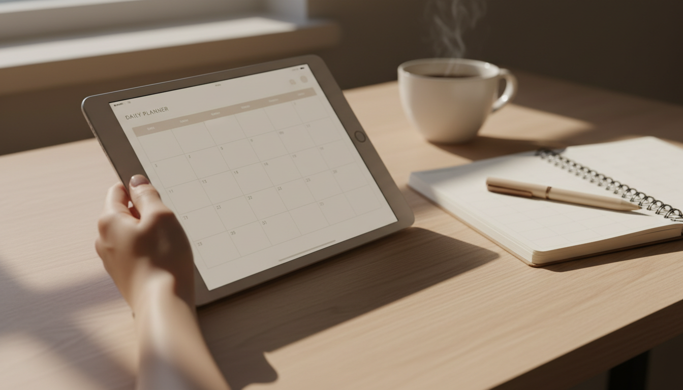 Consistency is built in the small moments: using a daily tracker to stay aligned with your five year vision. A close up shot of a hand using a digital tablet planner with checkboxes for daily consistency.