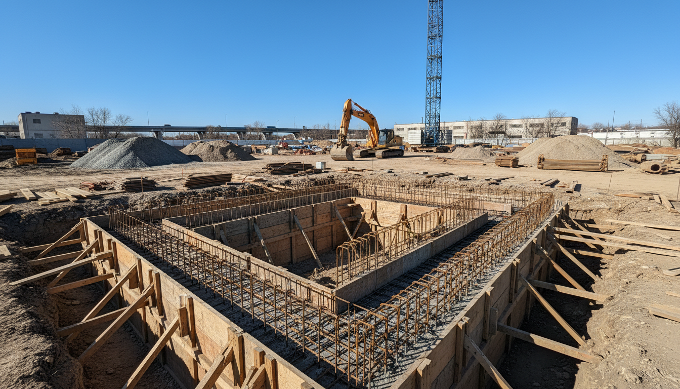 In California, structural changes must account for both gravity and seismic forces. A construction site showing foundation forms and rebar in place, illustrating the support needed for structural changes.