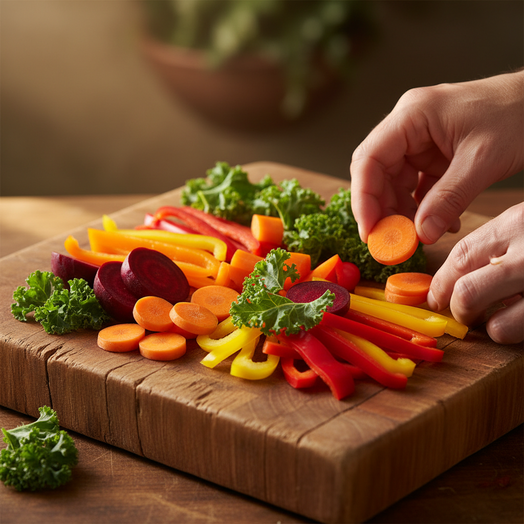Focusing on colorful, whole-plant foods is the most effective way to reach your daily fiber goals. Close up of a wooden cutting board with freshly sliced carrots, beets, kale, and bell peppers.