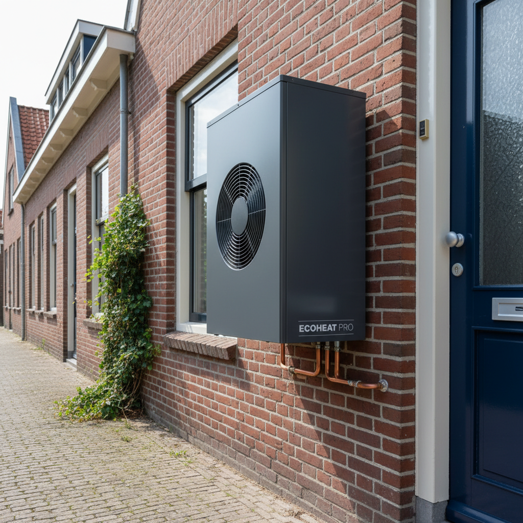 Een trillingsvrije montage is essentieel voor VvE-goedkeuring en het voorkomen van geluidsoverlast. Buitenunit van een lucht-water warmtepomp gemonteerd aan de gevel met trillingsdempers om geluidsoverlast voor buren te beperken.